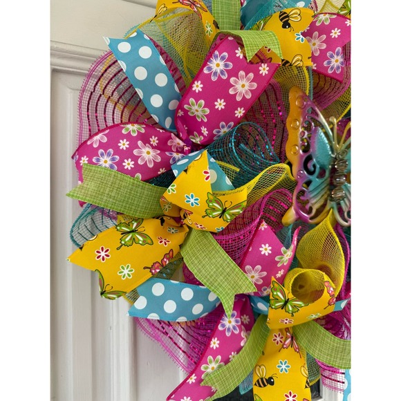 Butterfly Deco Mesh Ribbon Spring Summer Wreath Front Door Hanger Home Decor - Picture 3 of 7